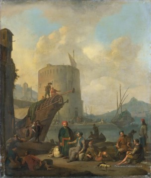  guerre Peintre - Johannes Lingelbach Italiaanse haven rencontré vestingtoren Navire de guerre